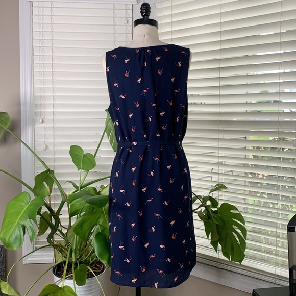 Verse Flamingo‎ Pattern Navy Dress Belted Women’s Size M / L - Picture 2 of 16